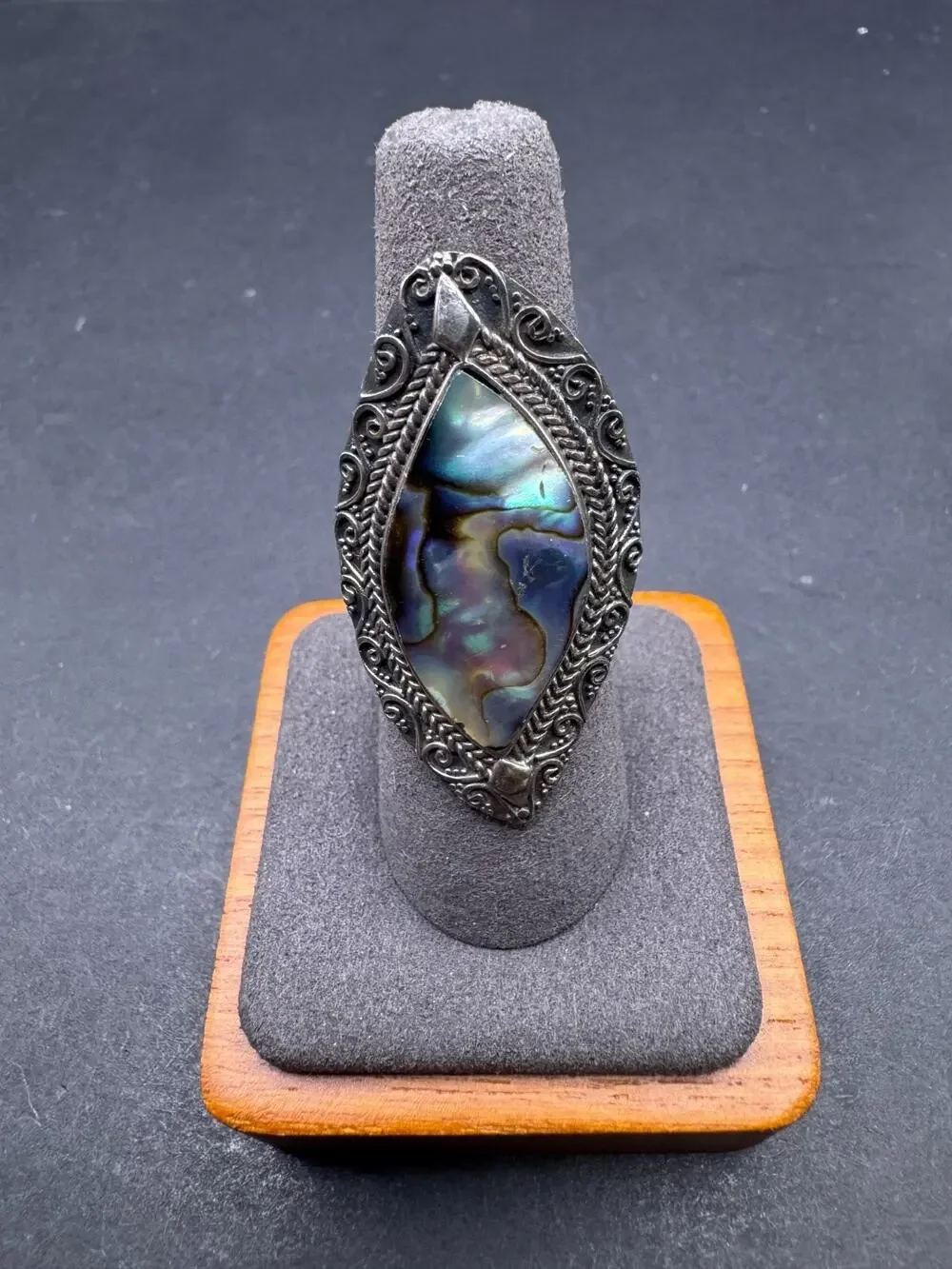 Vintage Abalone Shell Ring Sterling Silver 925 Marquise Statement Filigree Sz 7